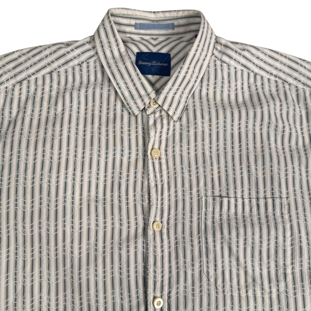 Tommy Bahama Silk Stripe Short Sleeve Button Down Camp Shirt Tropical Mens L